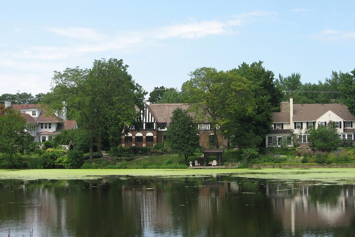 Large Shaker Heights houses, one half-timbered in the Tudor style, among tall trees across a pond with green algae near the shore