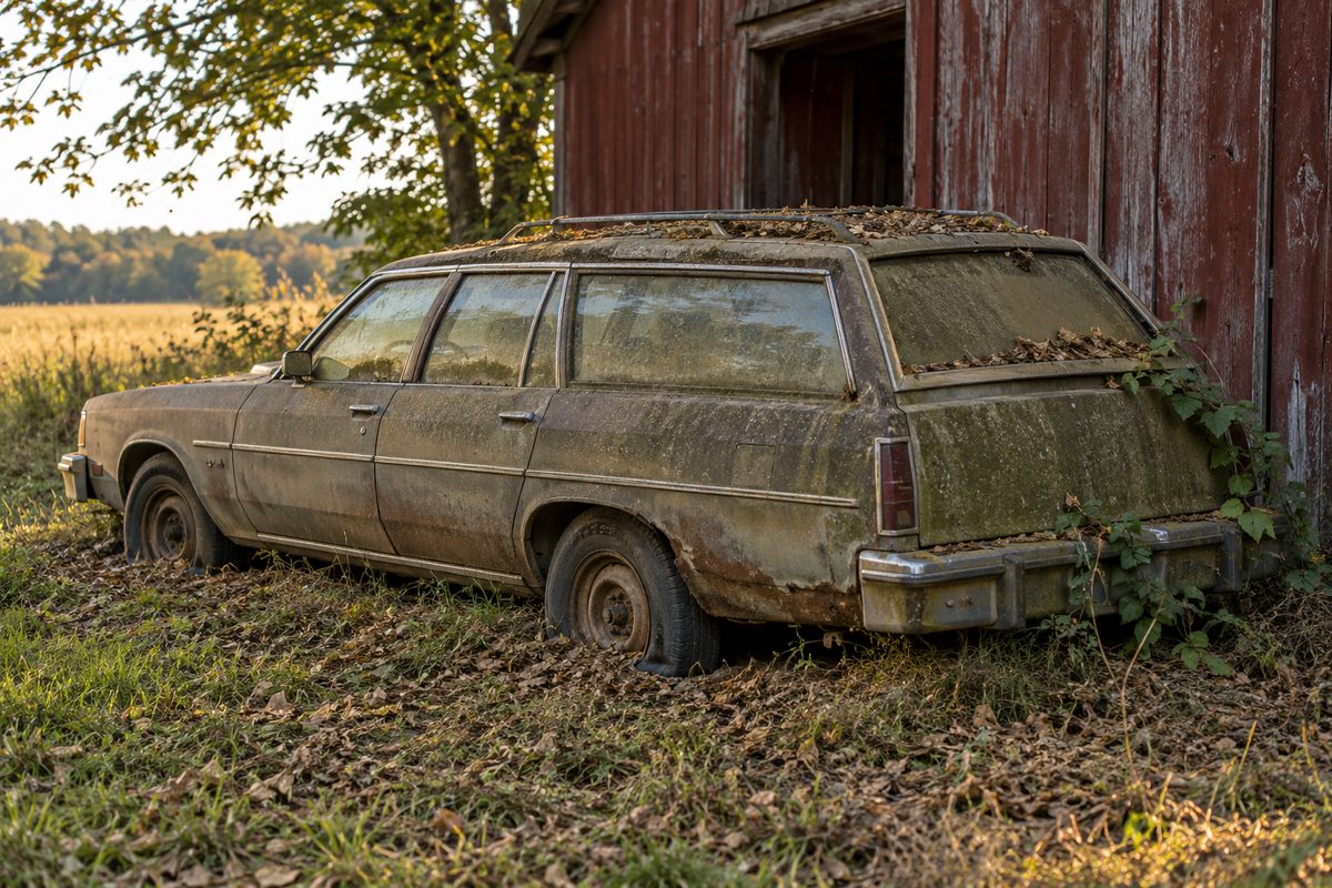 A dusty old station wagon with flat tires parked beside a barn