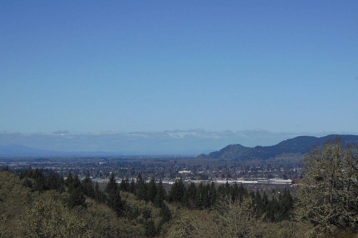 Springfield and part of Eugene spread across the valley floor below forested hills, seen from Mount Pisgah under a blue sky