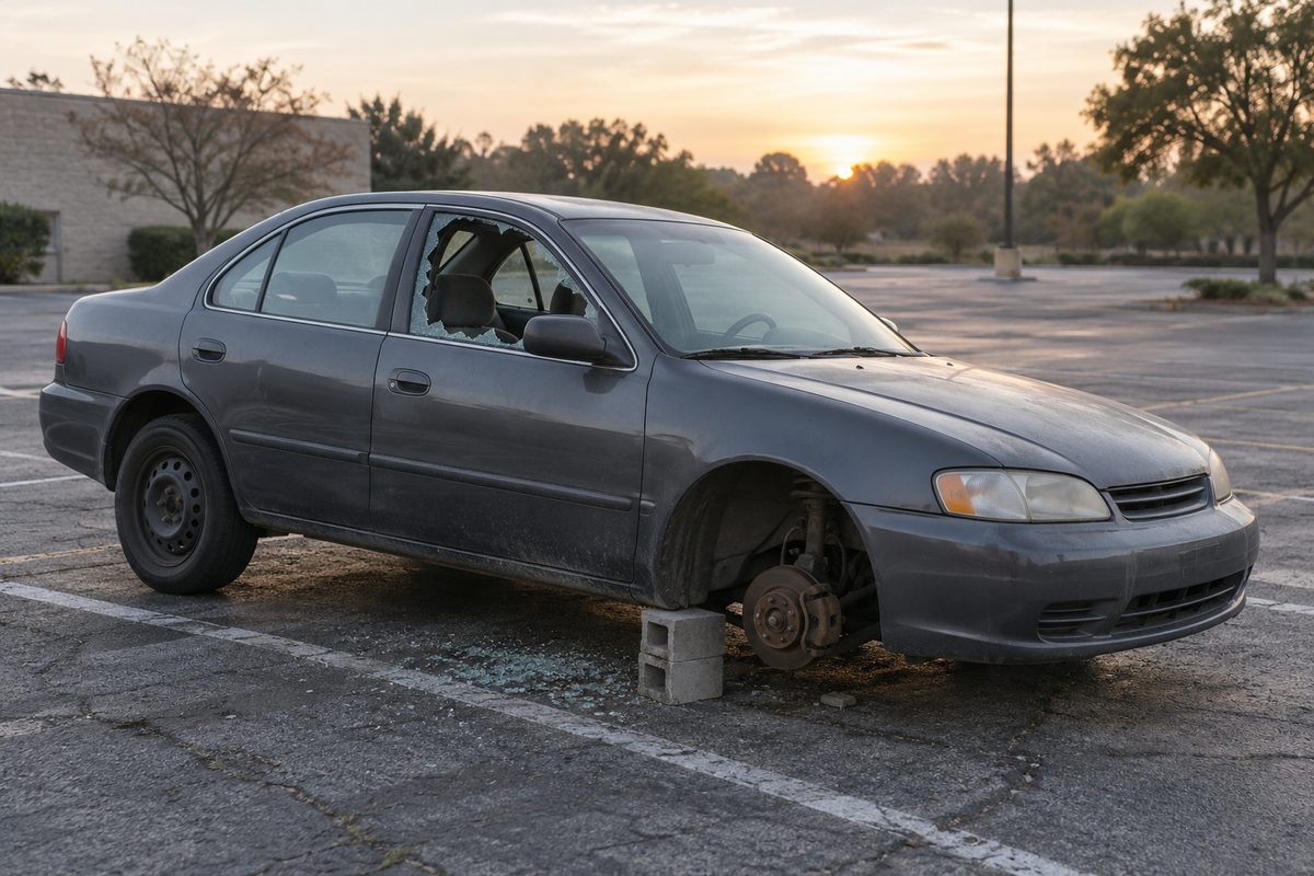 A gray sedan in an empty parking lot at sunset, propped on a cinder block where a front wheel was taken, a rear side window smashed and glass on the pavement
