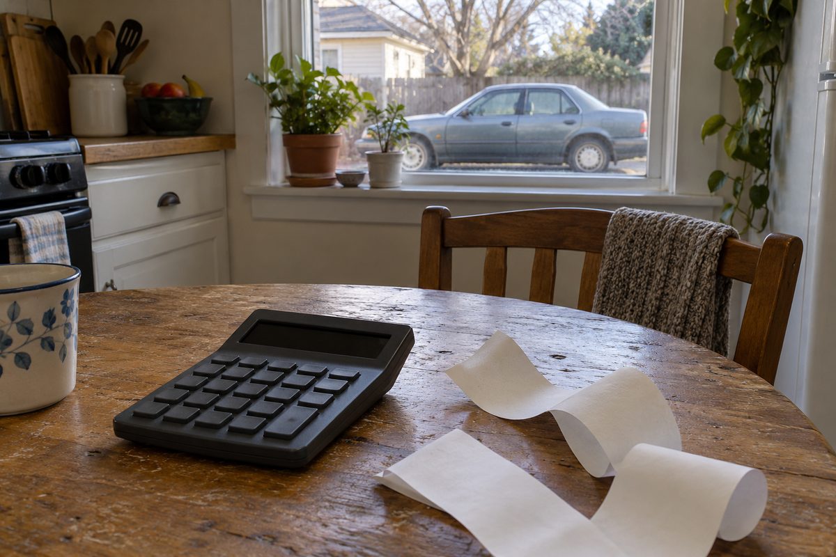 A calculator and a curl of receipt tape on a wooden kitchen table, with an old gray sedan parked outside the window