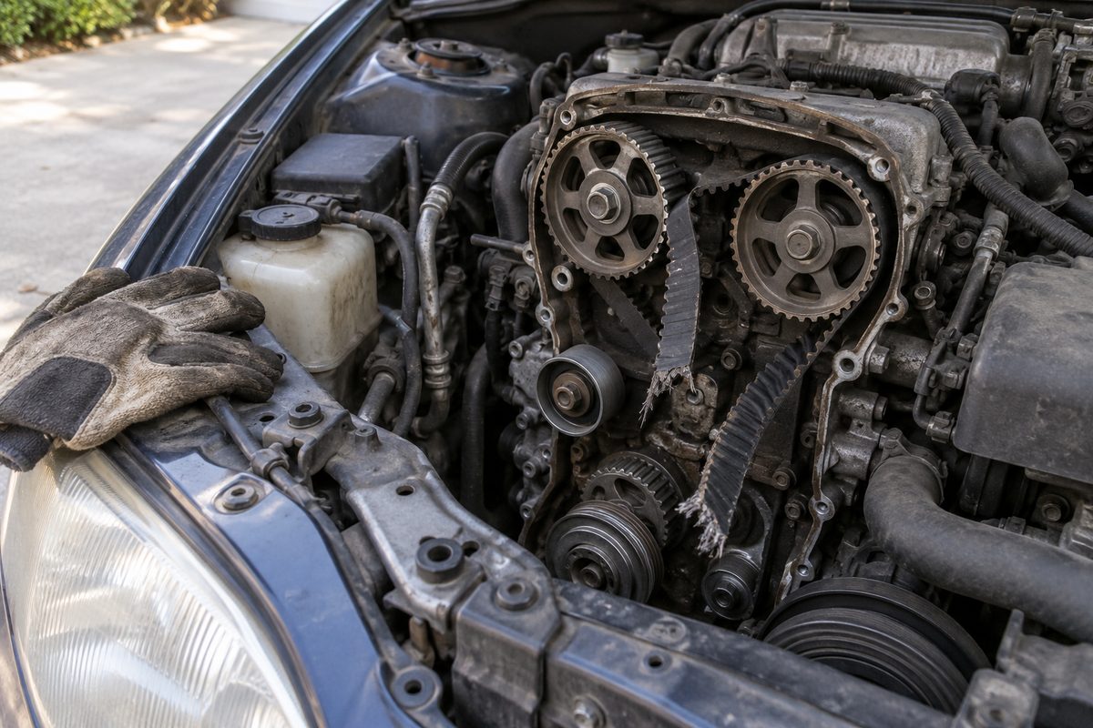 An open engine bay with the timing cover off, a shredded timing belt hanging loose from the cam gears, and a pair of worn work gloves resting on the fender