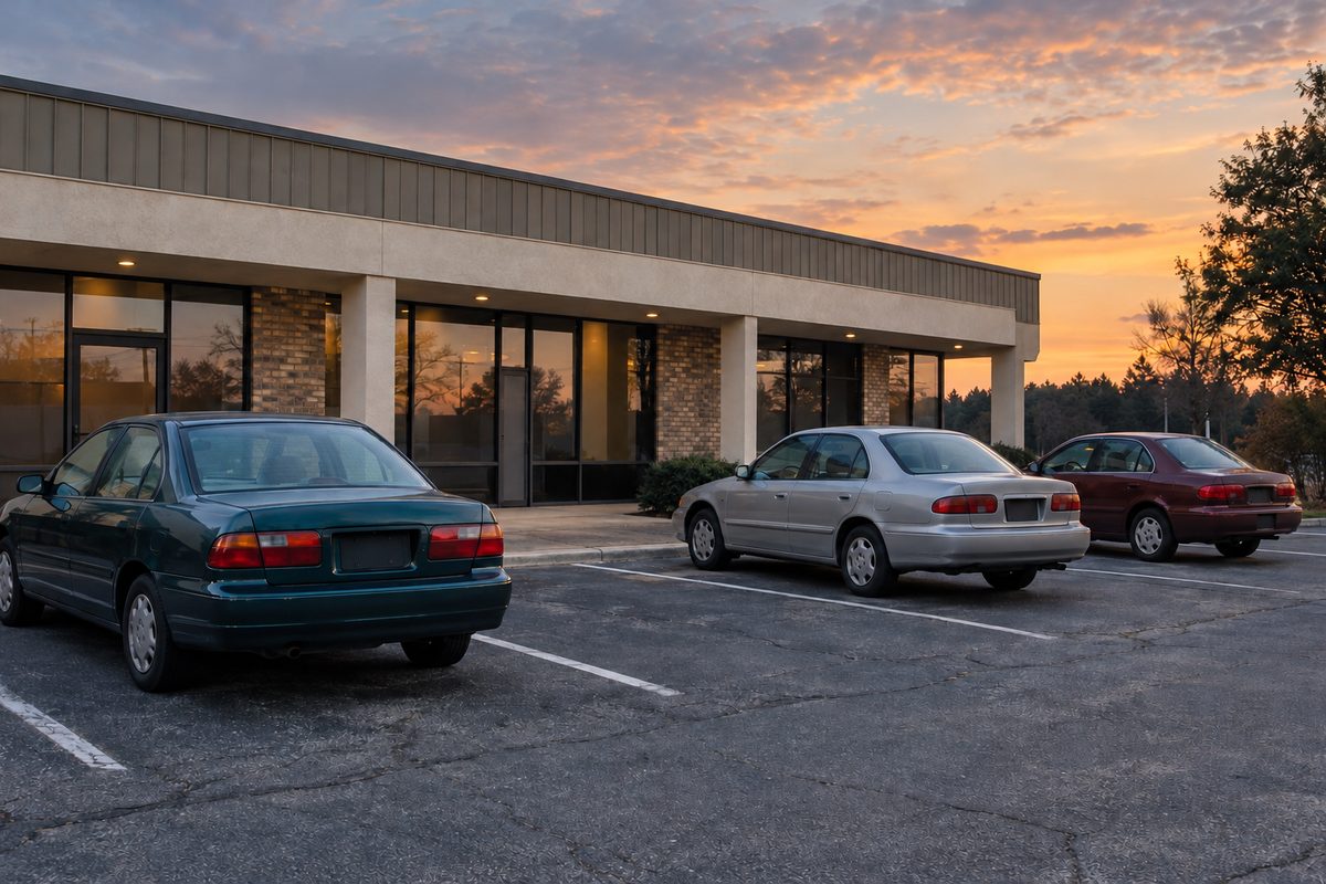 Three older sedans, green, silver and red, parked in front of a single-story office building at sunset