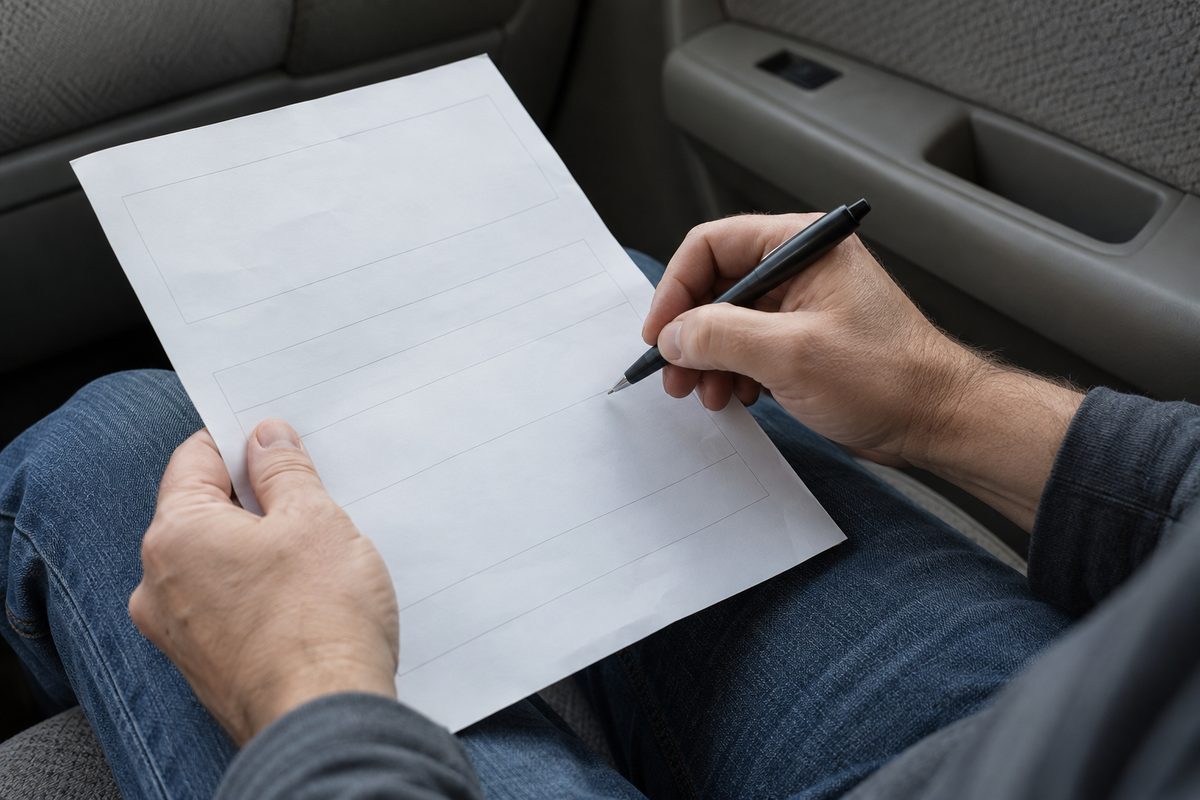 A person sitting in a car holding a blank lined sheet of paper on their lap with a pen in the other hand
