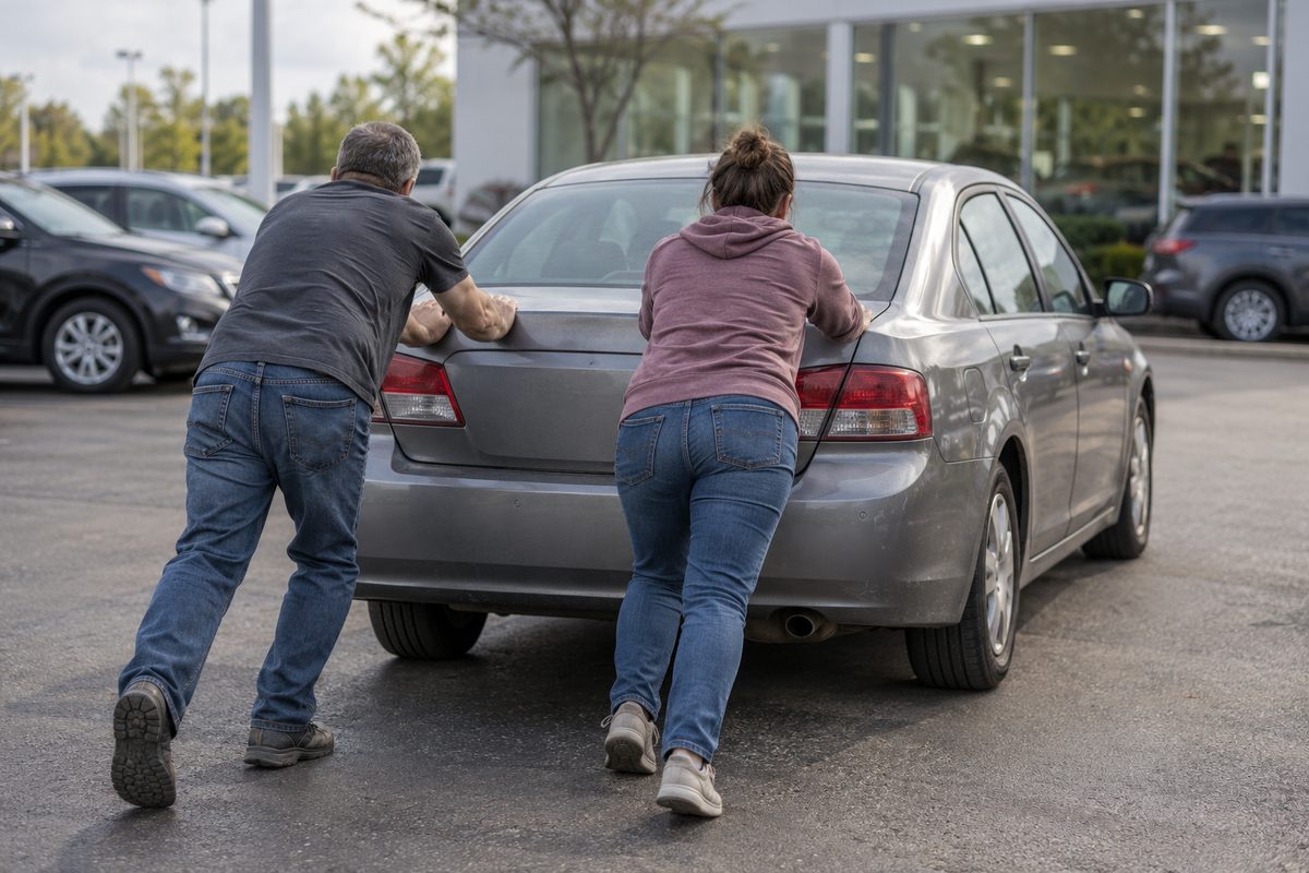 Two people, seen from behind, push a gray sedan that won't start across a parking lot in front of a glass-fronted building