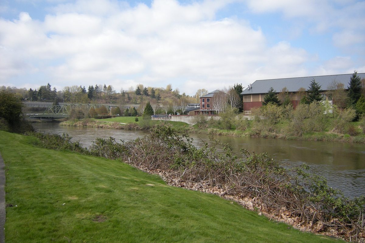 A grassy bank on the Duwamish River in Tukwila, with the steel Allentown Bridge and the brick Tukwila Community Center across the water