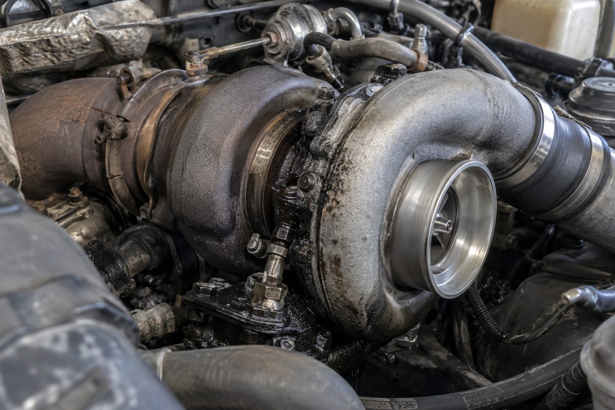 Close view of an oil-stained turbocharger bolted into a grimy engine bay, its polished intake opening facing the camera