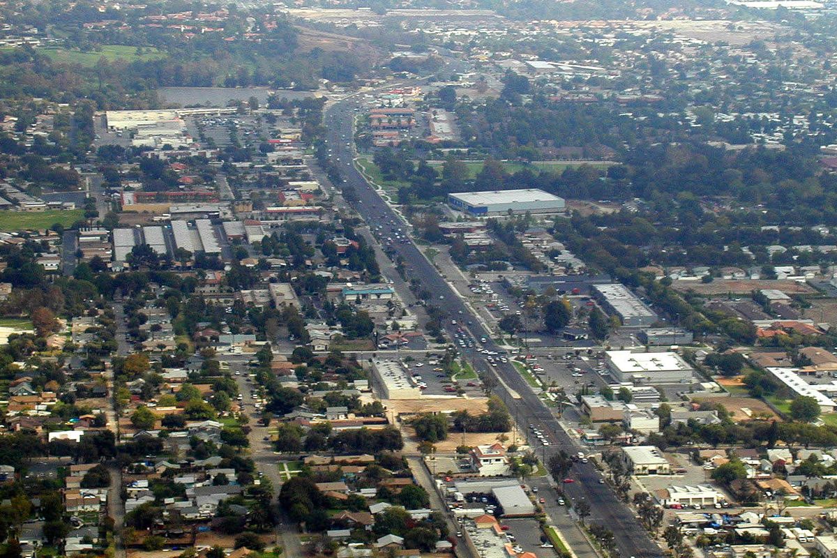 Aerial view of Foothill Boulevard, the old Route 66, running through Upland past shopping centers and tree-lined neighborhoods
