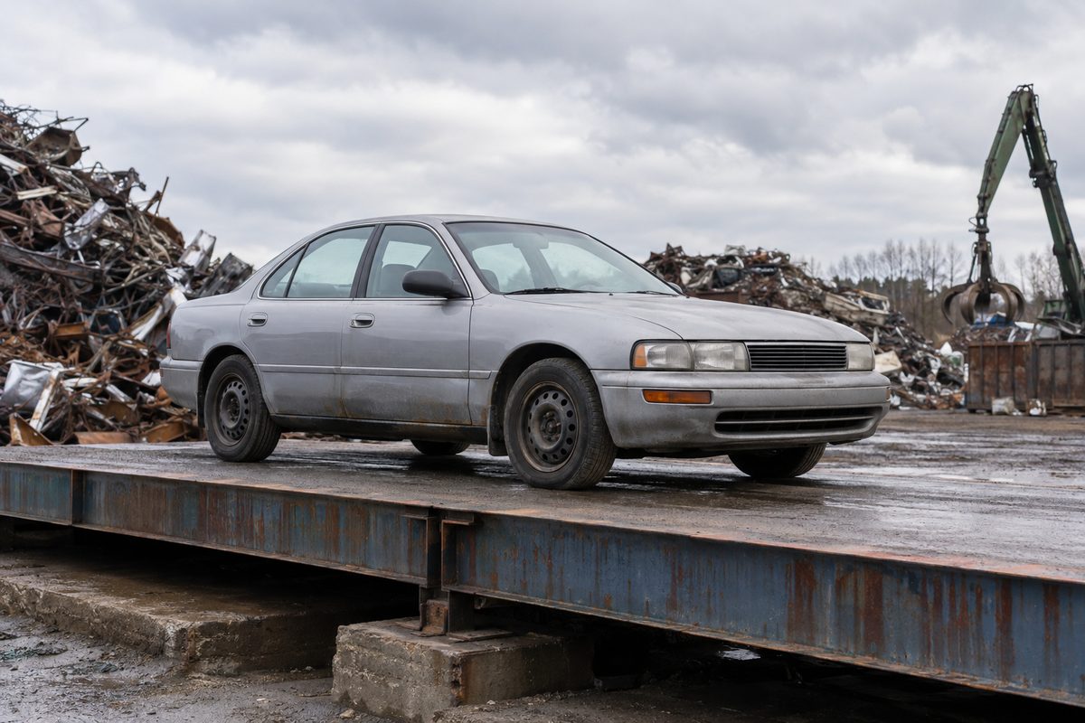 An old car sitting on a truck scale at a scrap metal yard