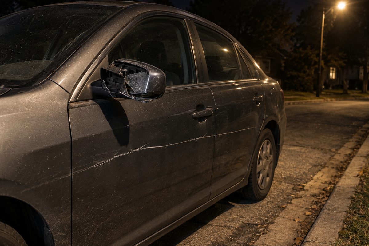 A dusty dark sedan parked on a street at night with its side mirror smashed open and long key scratches down both doors