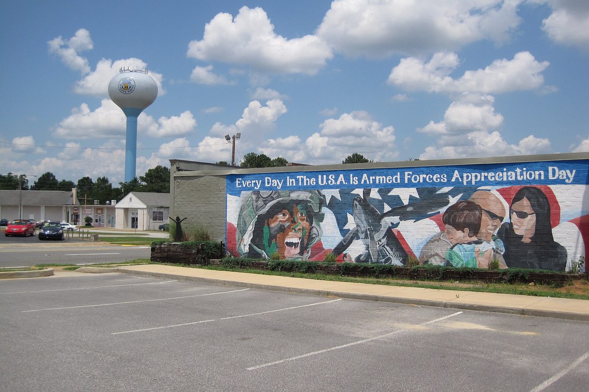 A patriotic mural reading 'Every Day In The U.S.A. Is Armed Forces Appreciation Day' on a building in Commercial Circle, with a blue water tower and an empty parking lot