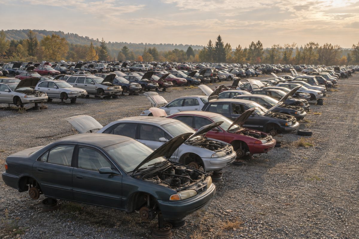 Rows of old cars on stands at a self-service salvage yard