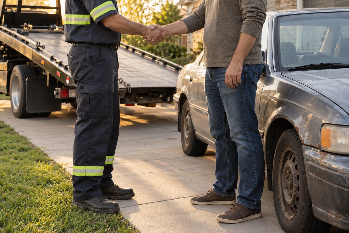 A tow driver and a car owner shaking hands next to an old sedan