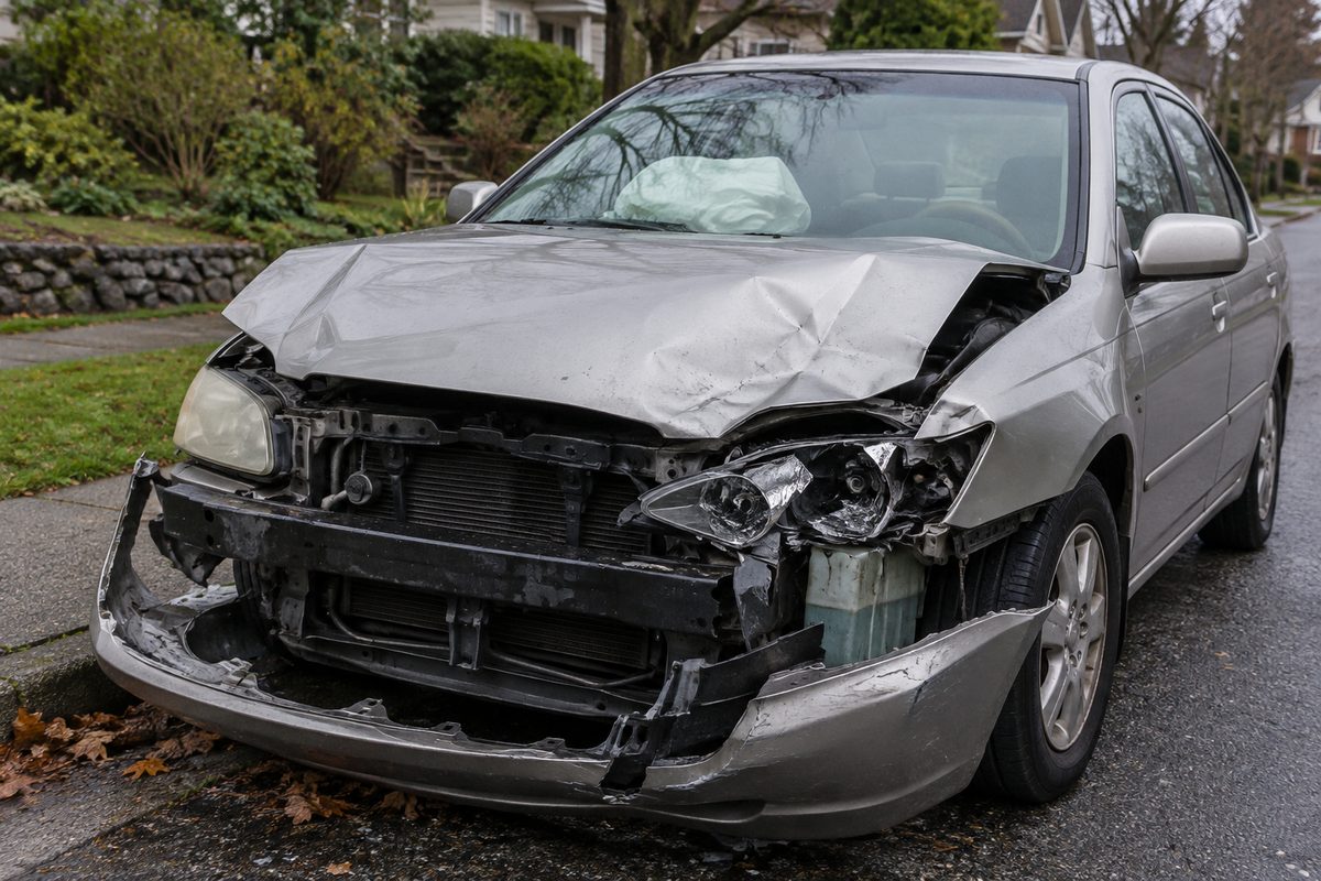A sedan with a crushed front end parked at a curb